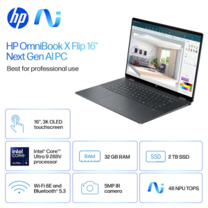 HP OmniBook HP OMNIBOOK X FLIP LAPTOP NGAI 16-AS0043DX (BZ0N2UA#ABA) INTEL CORE ULTRA 9 288V PROCESSOR | 32GB RAM | 2TB SSD | 16.0" 3K OLED TOUCH